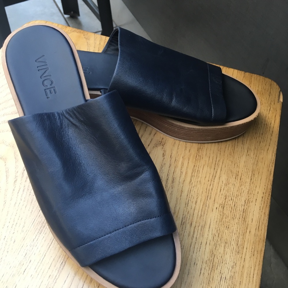 Vince Saskia Platform Blue Leather Slide Sz 7